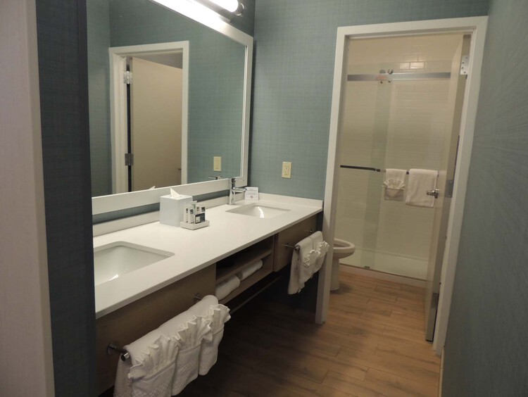 Bathroom with double sink, toilet, and a shower